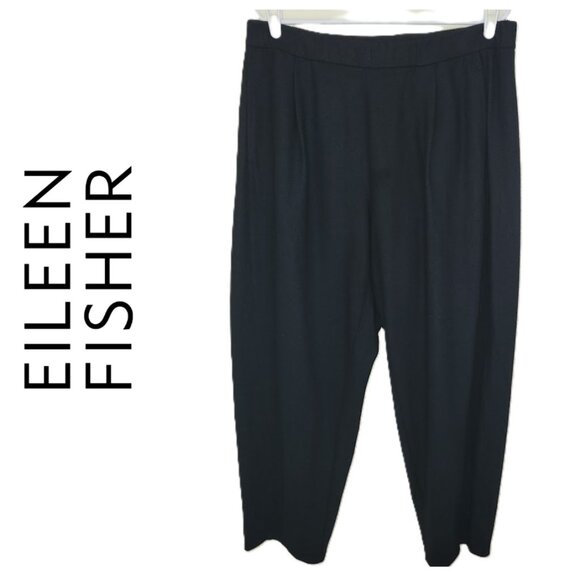 Eileen Fisher Pants - Eileen Fisher Black Wool Straight Leg Pant Elastic Waist 2 Pockets Women's SZ L